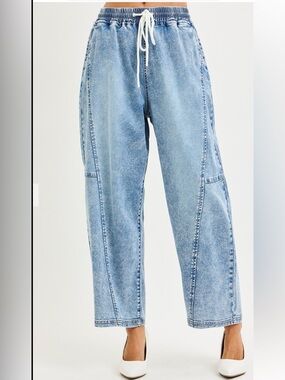 266 Small -3X ❤️RISEN ELASTIC BAND SLOUCHY CROPPED BARREL JEANS SEAM DETAILING